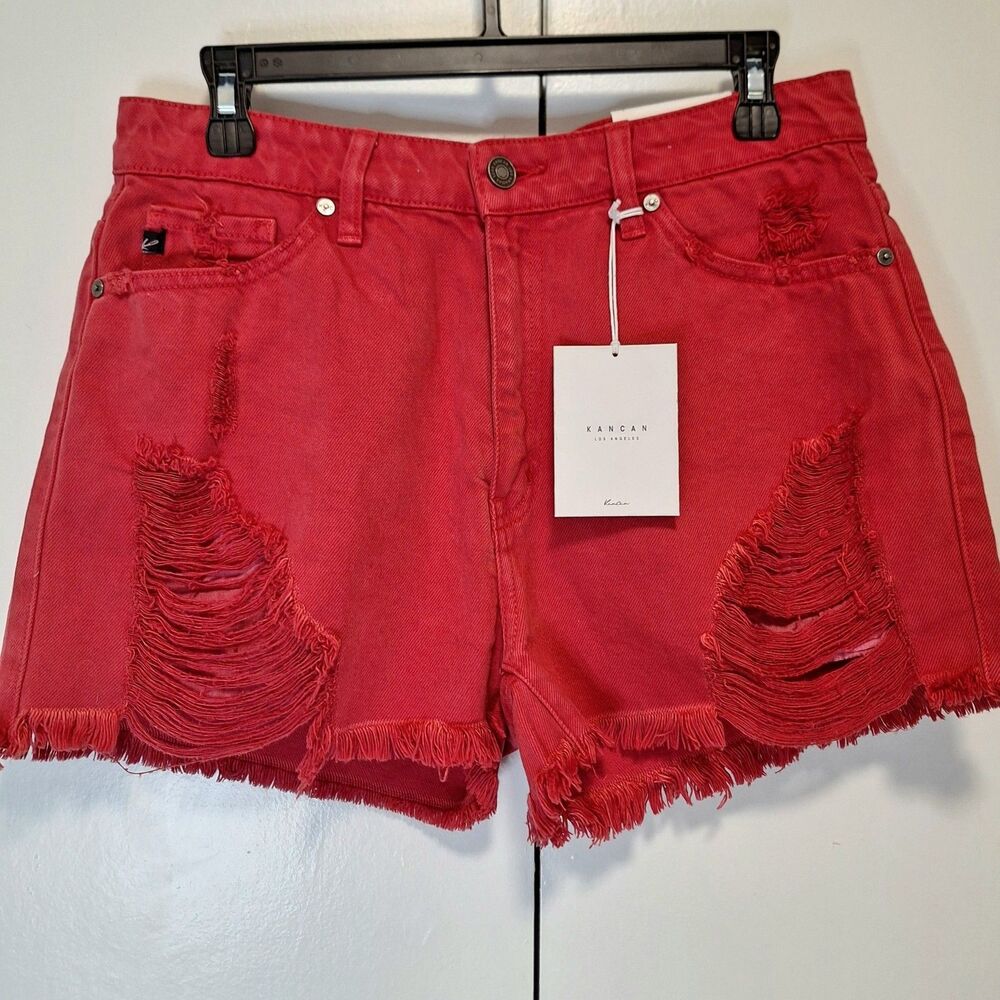KanCan Jean Shorts Sz Large Red Denim Distressed Raw Hem High Rise New With Tags